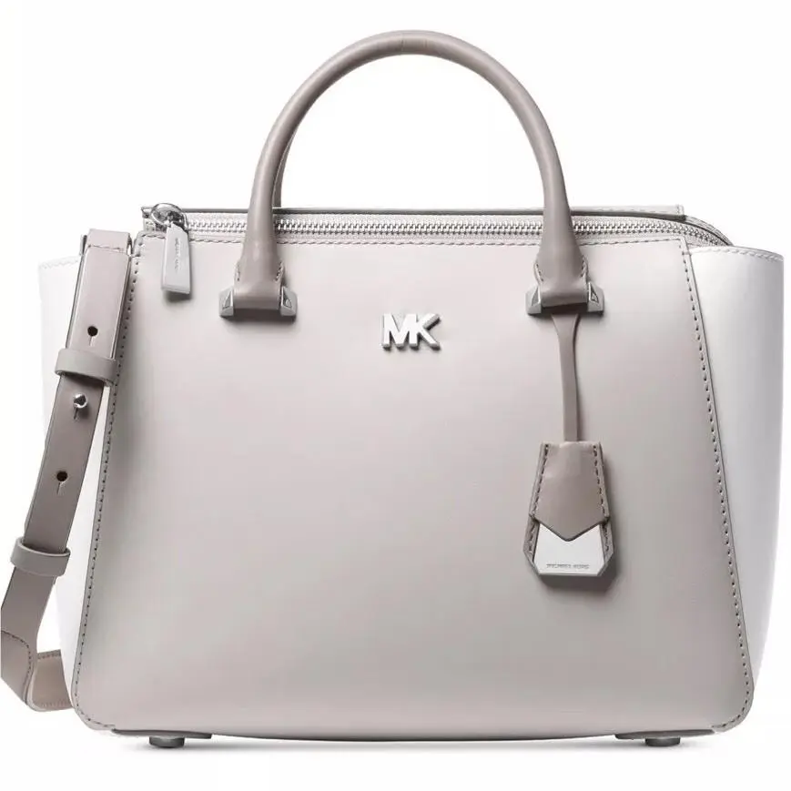 Michael Kors Nolita MD Satchel Pearl Grey White Leather Bag Silver Aluminum