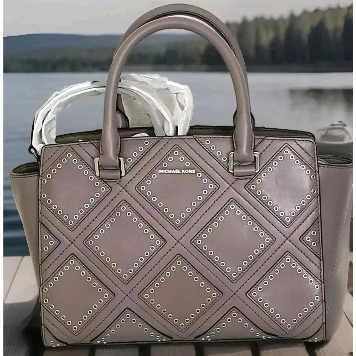 Mchael Kors Selma Cinder Silver Diamond Grommet Leather Satchel Bag Purse