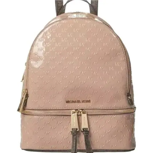 Michael Kors Rhea Zip Backpack Fawn Pink Logo Leather Med Travel School