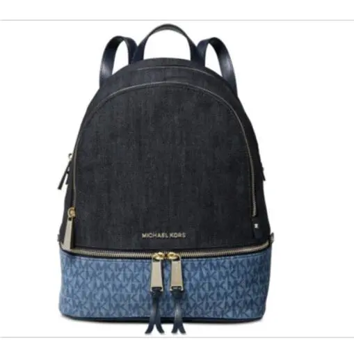 Michael Kors Rhea Signature Denim Backpack Blue Mono MK Logo Bag - Exterior: Denim Blue
