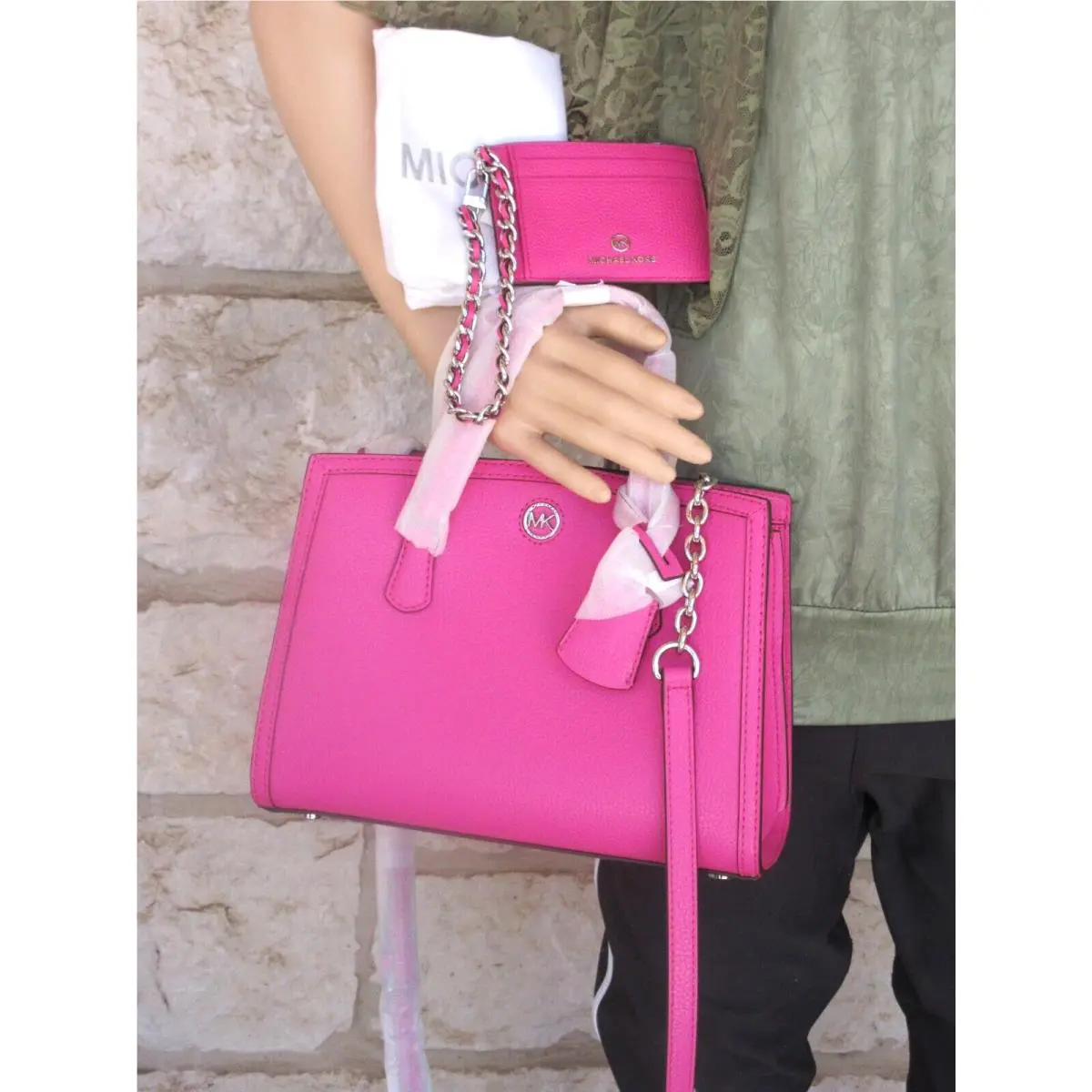 Michael Kors Chantal Small Leather Satchel/x-body + Wristlet Set Cerise Dust Bag