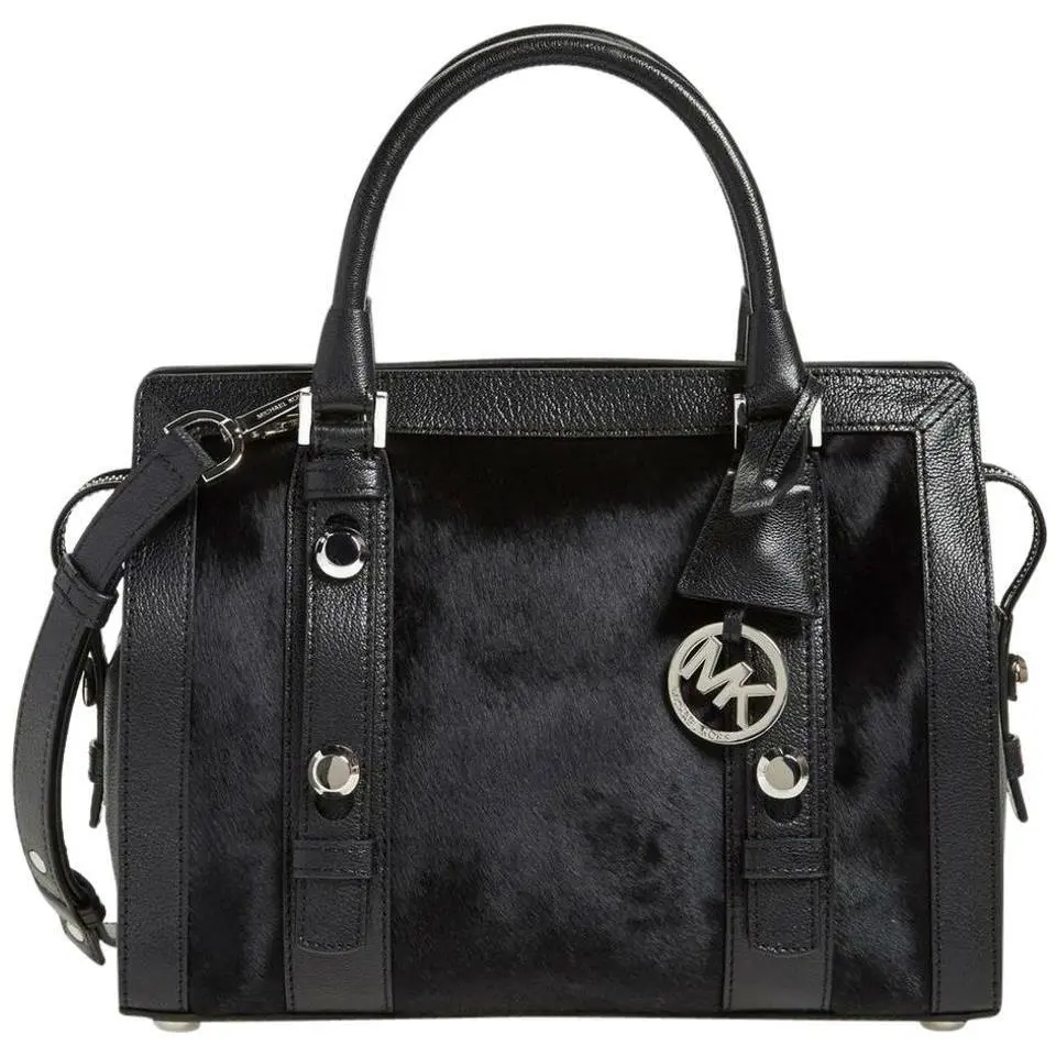 Michael Kors Collins Studded Med Satchel Black Leather Calf Hair