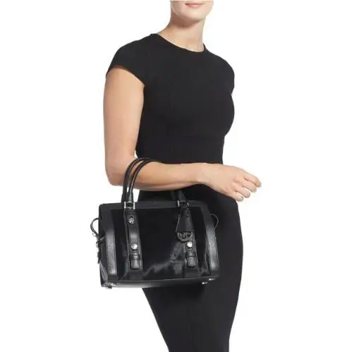 Michael Kors Collins Studded Med Satchel Black Leather Calf Hair
