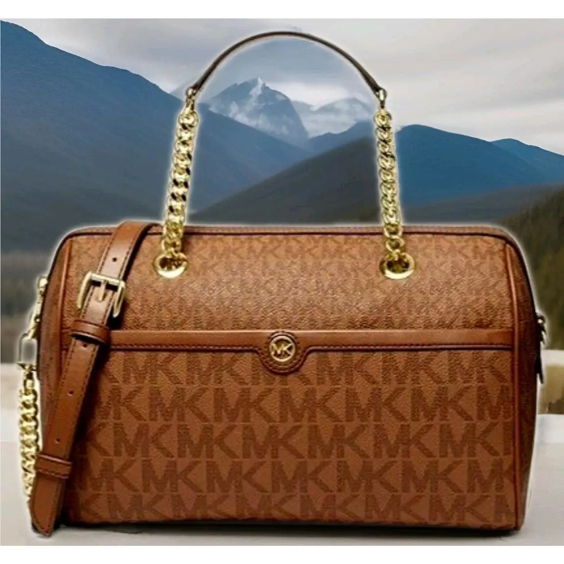 Michael Kors Blaire Luggage Brown Logo Gold Chain Med Duffle Satchel Bag