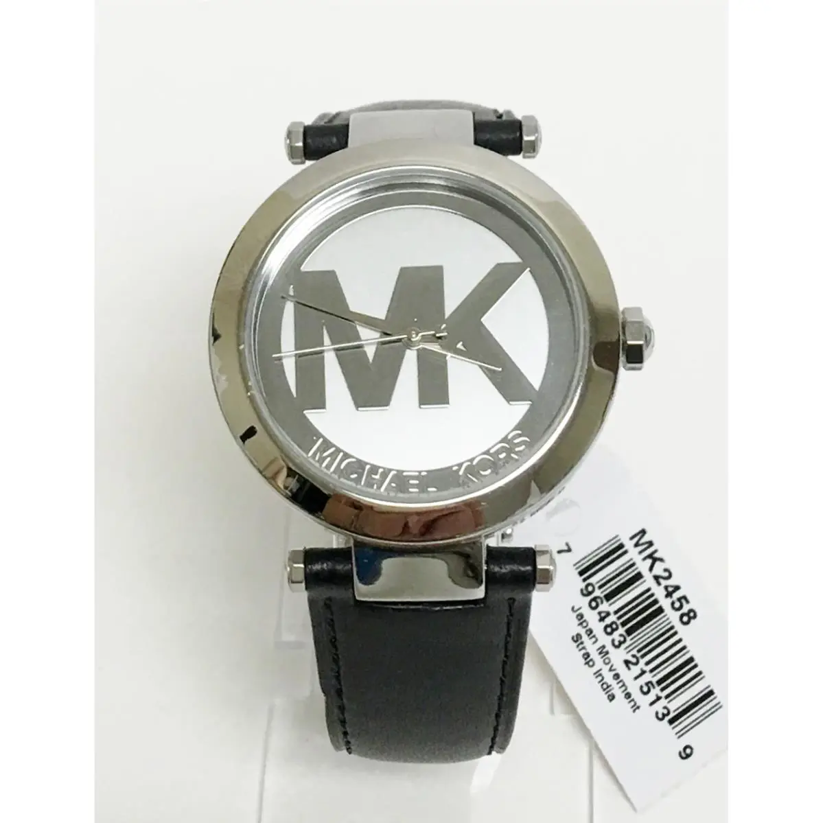 Michael Kors Silver Tone Black Leather Band MK Logo Dial WATCH-MK2458