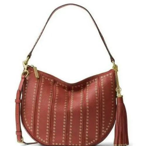 Michael Kors Brooklyn Grommet Brick Red Leather Tassel Hobo Crossbody Bag