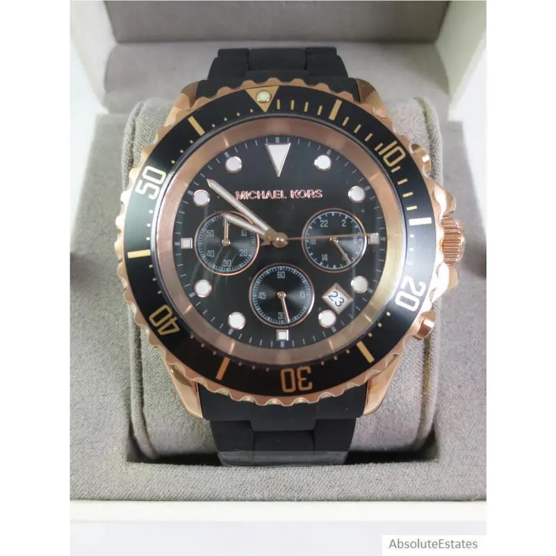 Michael Kors Everest Black Silicone Rose Gold Chronograph Watch MK9055 Box Nwot