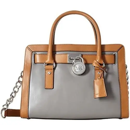 Michael Kors Hamilton Frame Out Steel Gray Acorn Leather Satchel Bag