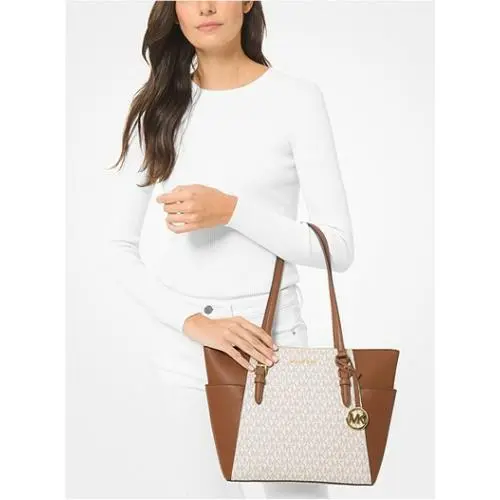 35T0GCFT3B Charlotte Large Logo and Leather Top-zip Totebag Vanilla by Michael Kors
