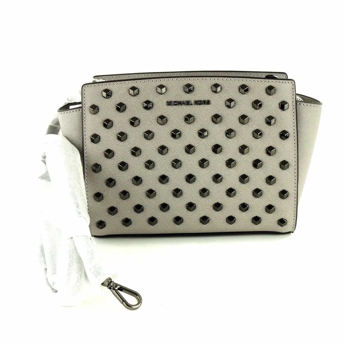 Michael Kors Selma Stud Medium Leather Messenger Bag Pearl Grey