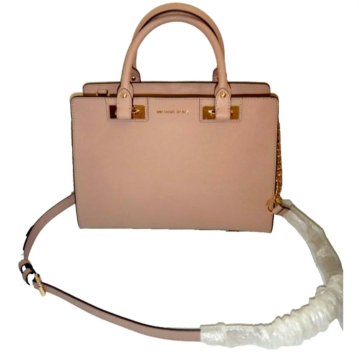 Michael Kors Quinn MK MD Satchel Bag Fawn Saffiano Leather Gold Logo 38S8XQNS2L