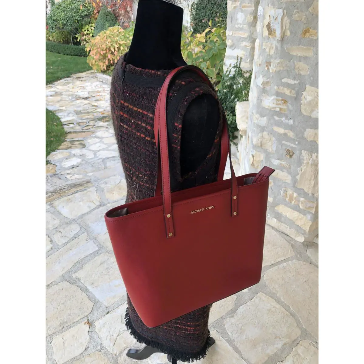 Michael Kors MD Zip Tote Jet Set Travel Carryall Tote Bag Leather Gift Mom Red