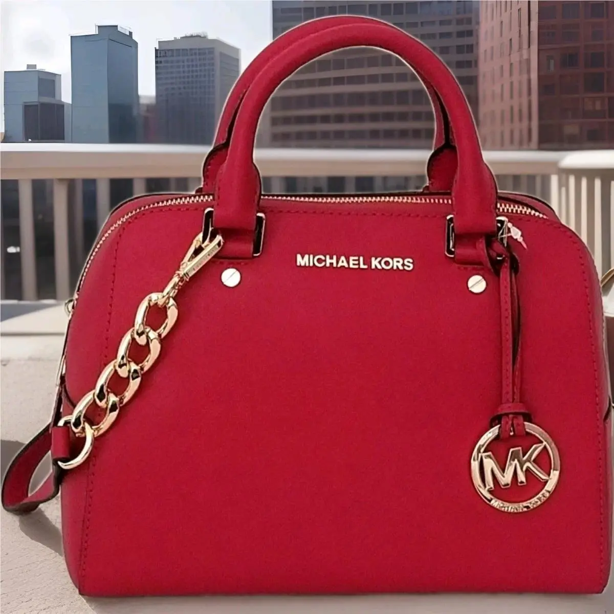 Michael Kors Jet Set Travel Red Saffiano Leather MD Satchel Crossbody Bag