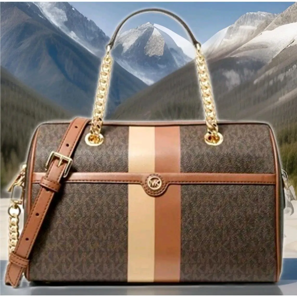 Michael Kors Blaire Chain Brown Logo Luggage Tan MD Duffle Satchel Bag