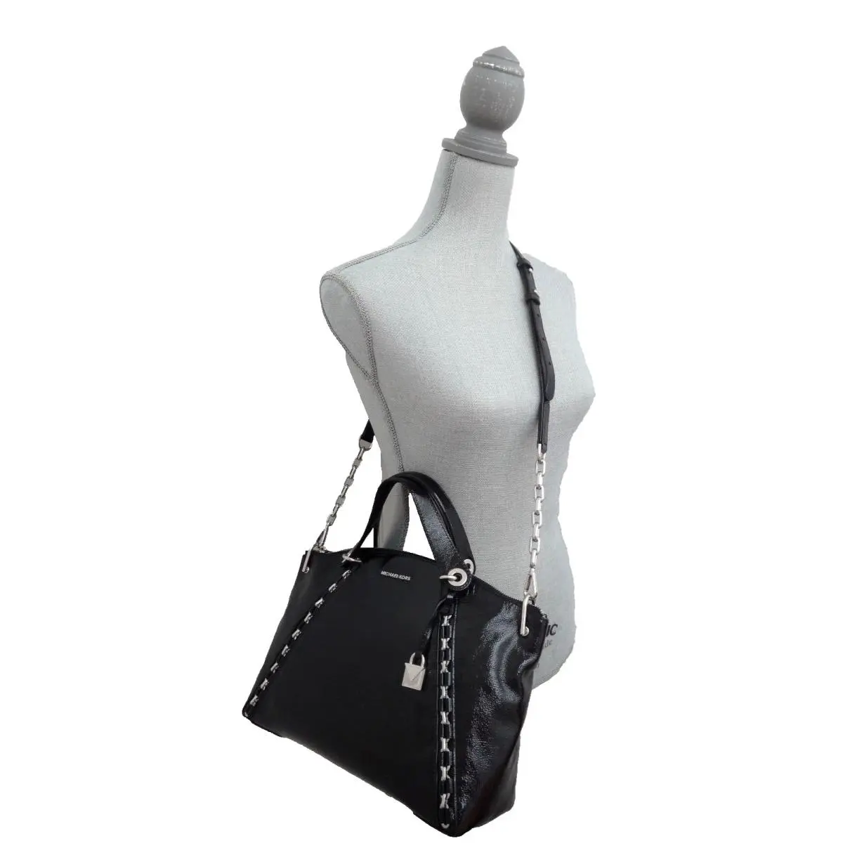 Michael Kors Women`s Sadie MK Black Patent Leather LG TZ Satchel Bag 30F7SAES3A