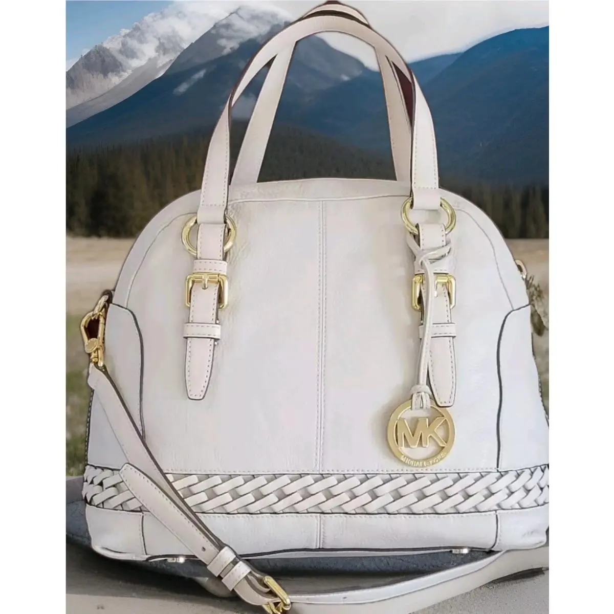 Michael Kors Gladstone Large Vanilla Leather Top Zip Logo Satchel Bag