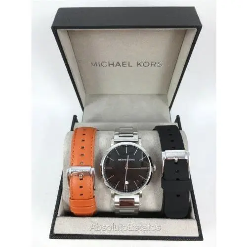 Irving Silver Watch Men`s Gift Set Black Brown Bands MK8841 by Michael Kors