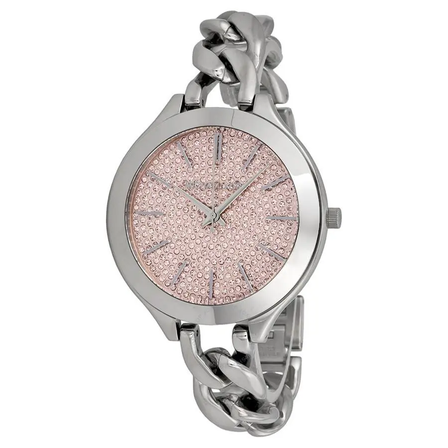 Michael Kors Runway Silver Tone Pink Crystals Pave Dial Chain WATCH-MK3357