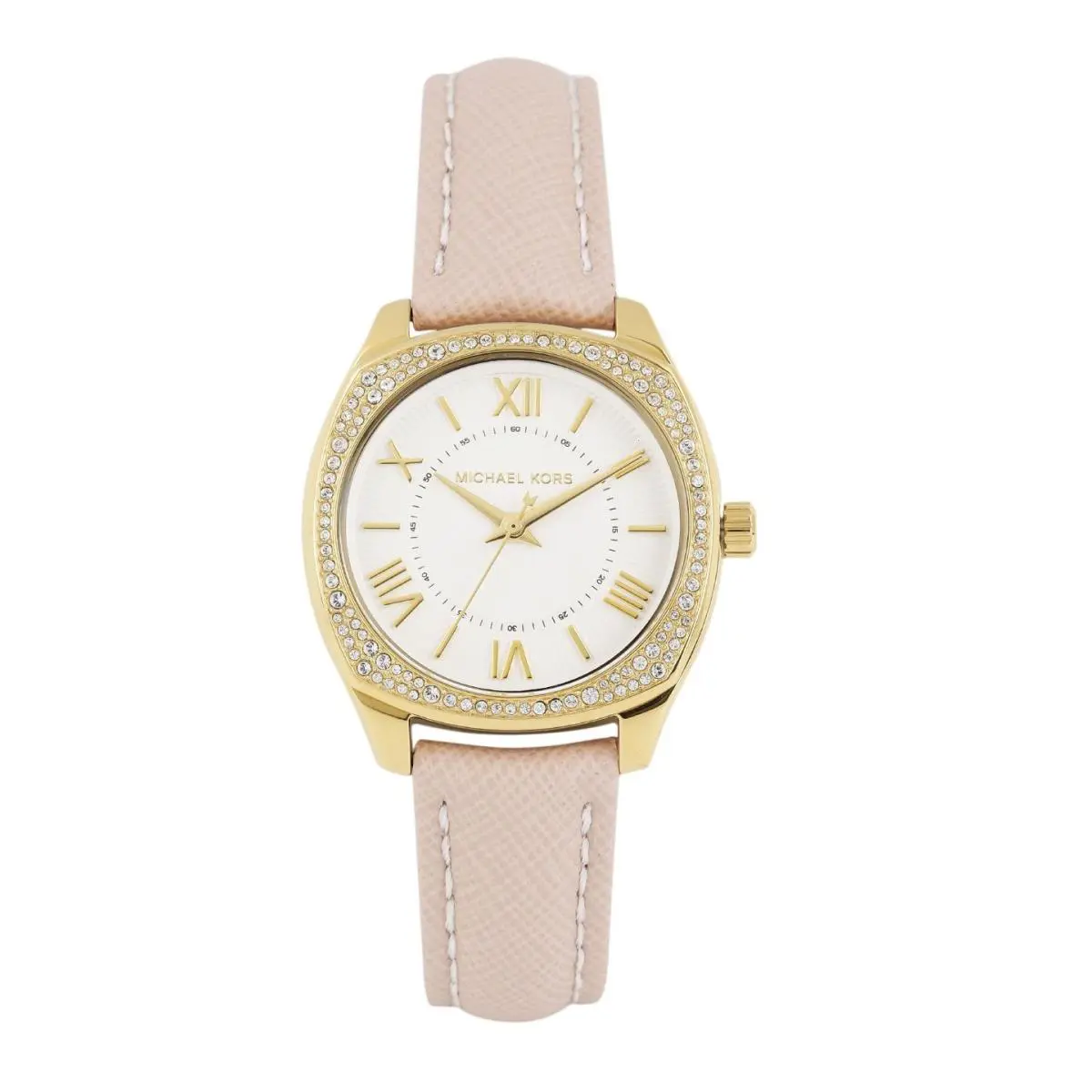 Michael Kors MK2487 Mini Bryn Gold White Dial Pink Leather Glitz Bezel 32MM
