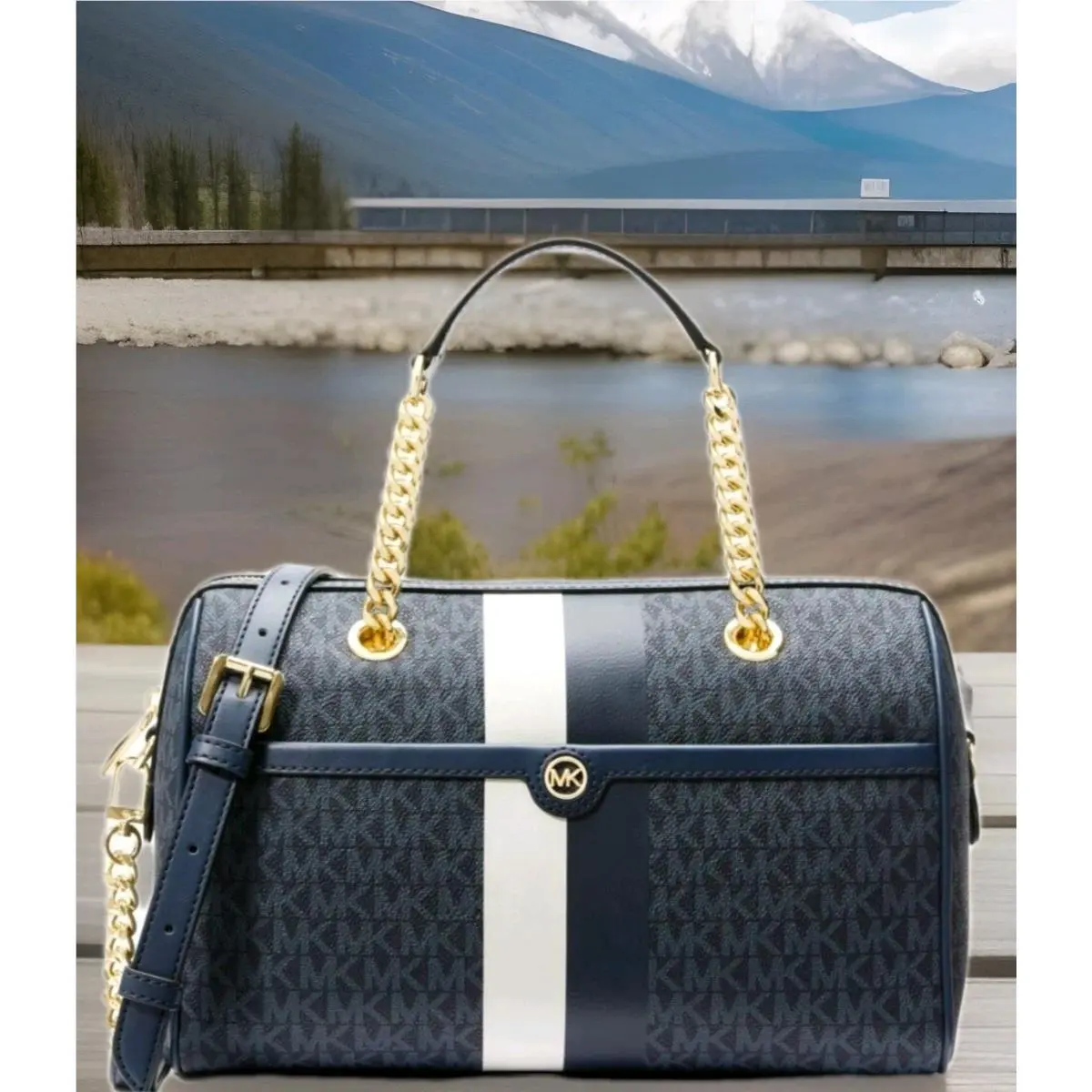 Michael Kors Blaire Admiral Blue Logo Gold Chain Med Duffle Satchel Bag