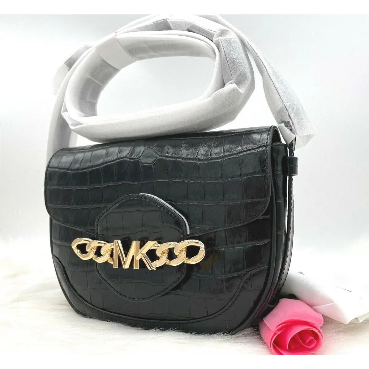 Kors Wythe Black Croc Embossed Leather Saddle Bag