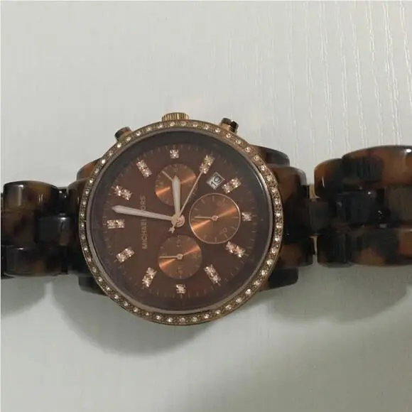 Wolcott Acrylic Tortoise+rose Gold Brown Chrono Glitz Watch MK5824 by Michael Kors