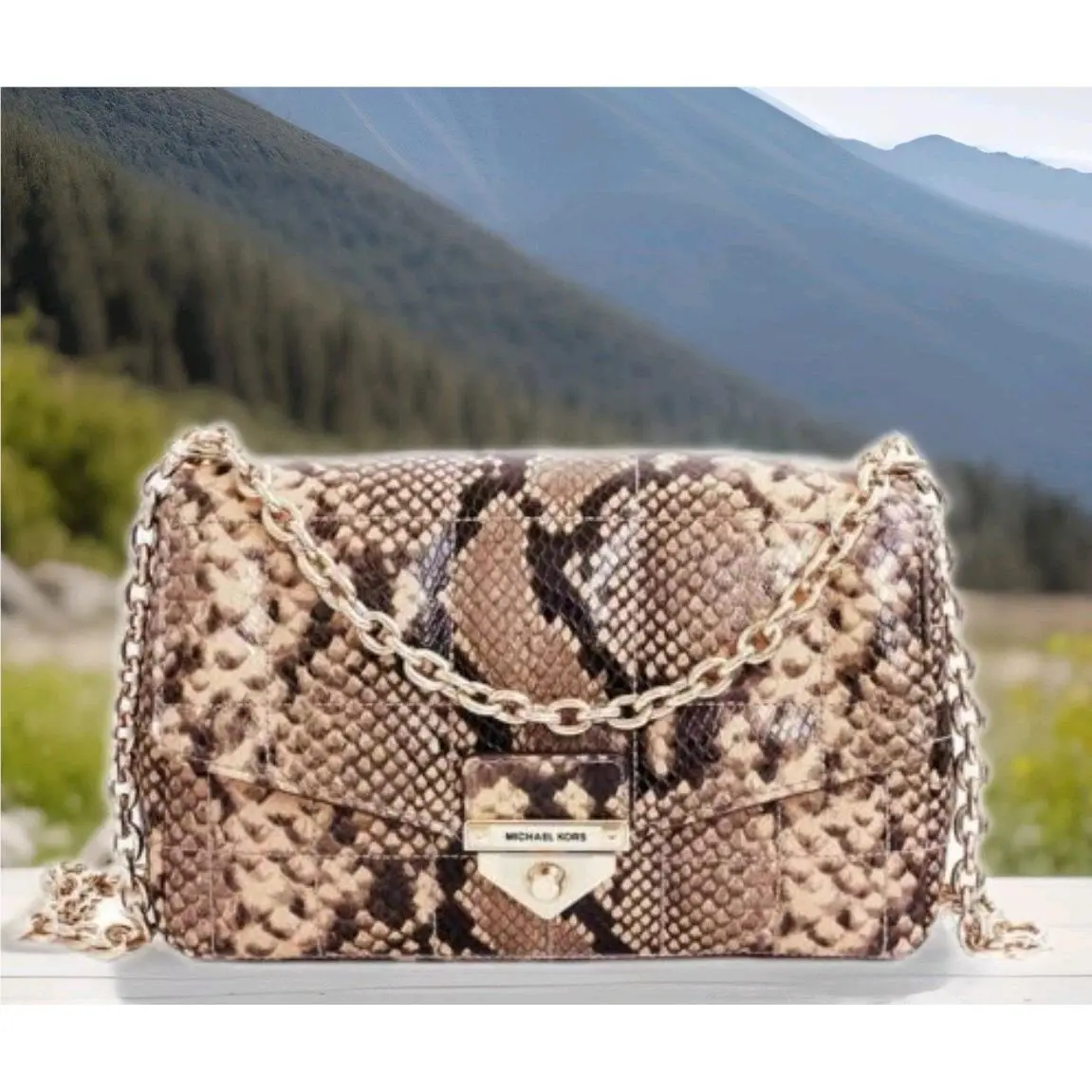 Michael Kors Soho Large Snake Embossed Tan Quilted Leather Crossbody Bag