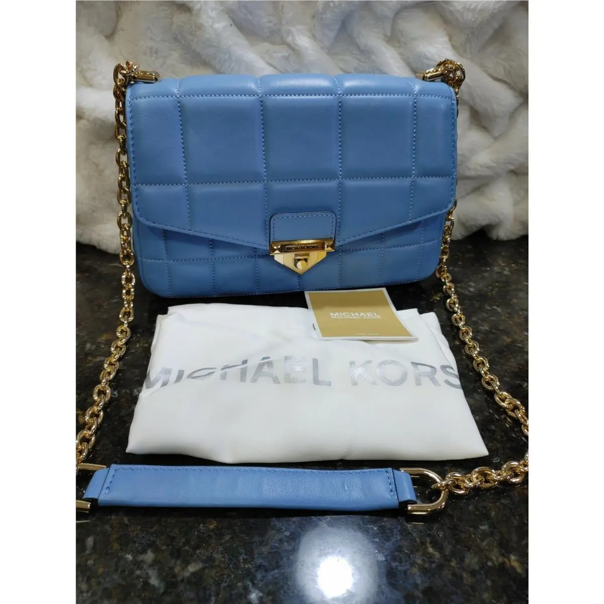 Michael Kors Soho Large Blue Quilted Lamb Leather Gold Chain Shoulder Bag