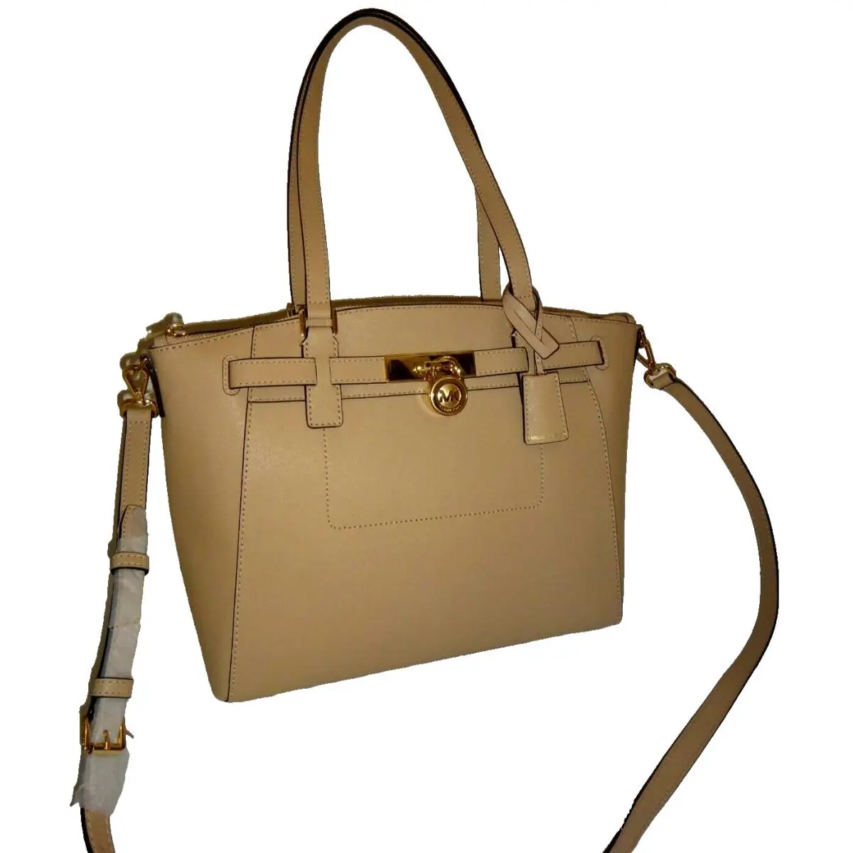 Michael Kors Hamilton Traveler MK Satchel Bag Oyster Saffiano Padlock 38H8XHXS7L