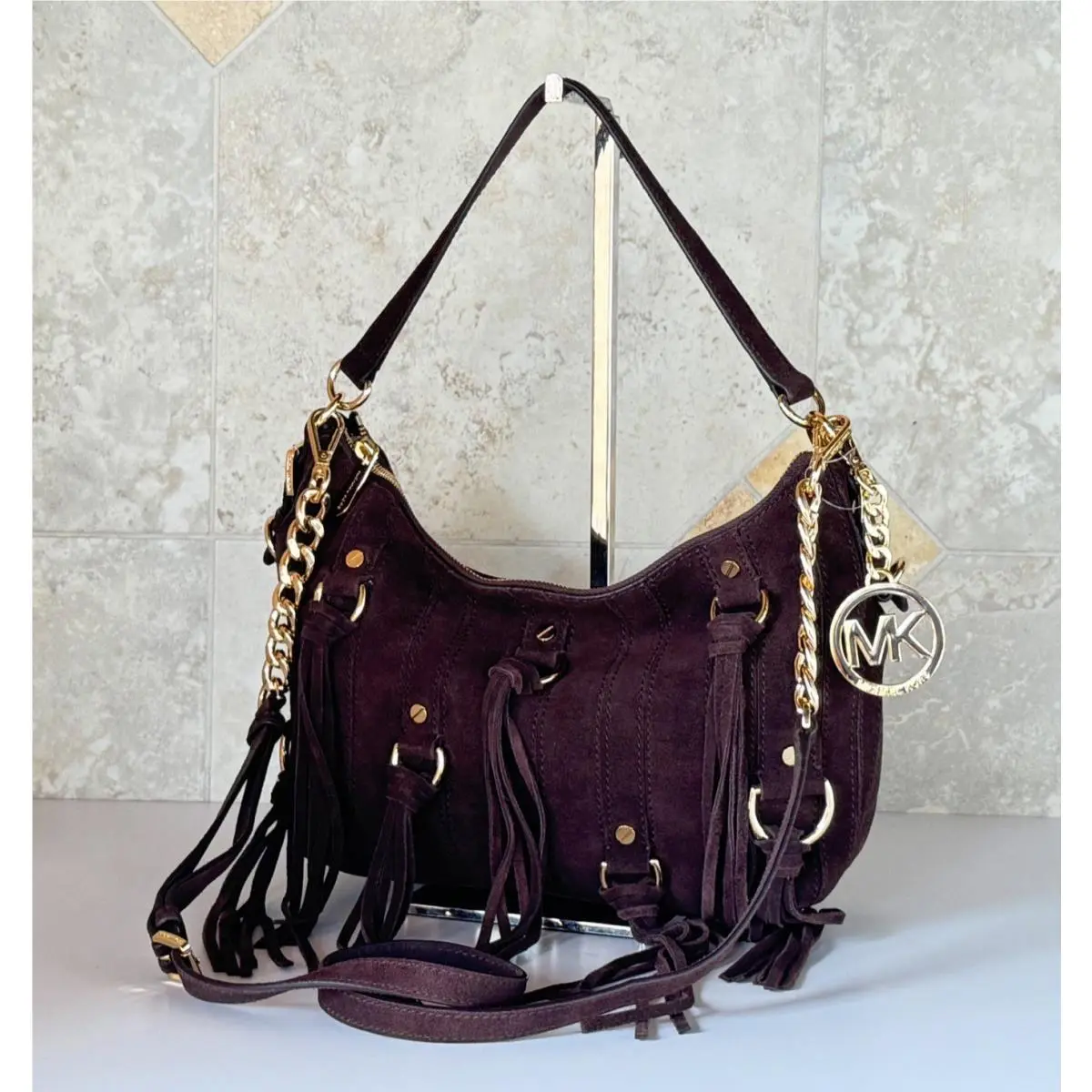 Michael Kors Presley MD Hobo Shoulder Crossbody Suede Leather Bag Dark Brown