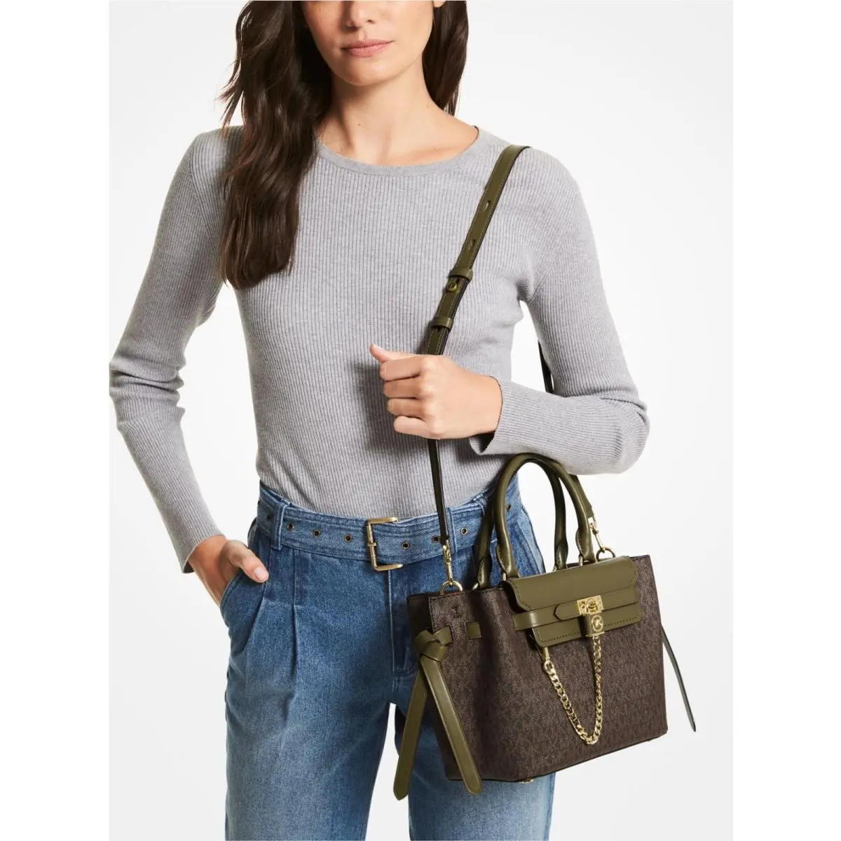 Michael Kors Hamilton Legacy SM Logo Belted Satchel Brown Logo/olive Dust Bag