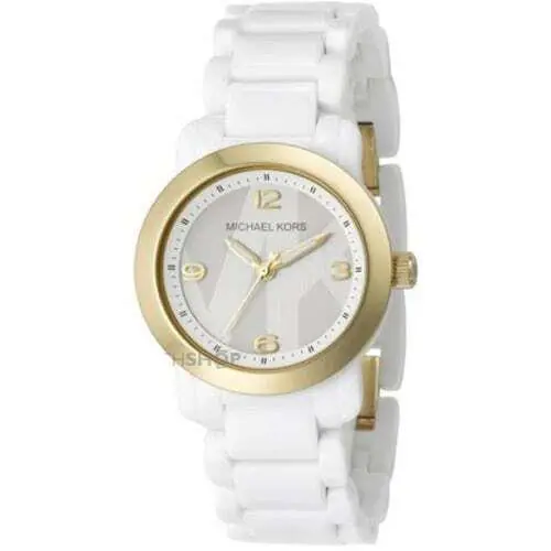 New-michael Kors Gold Tone MK Logo Dial White Acrylic Band WATCH-MK4233