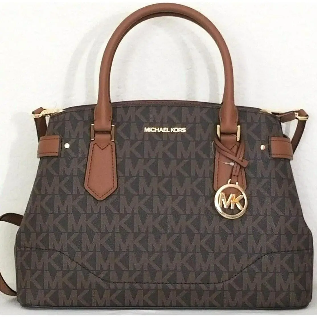 Michael Kors Lynn Brown Logo Monogram Large Satchel Crossbody Bag