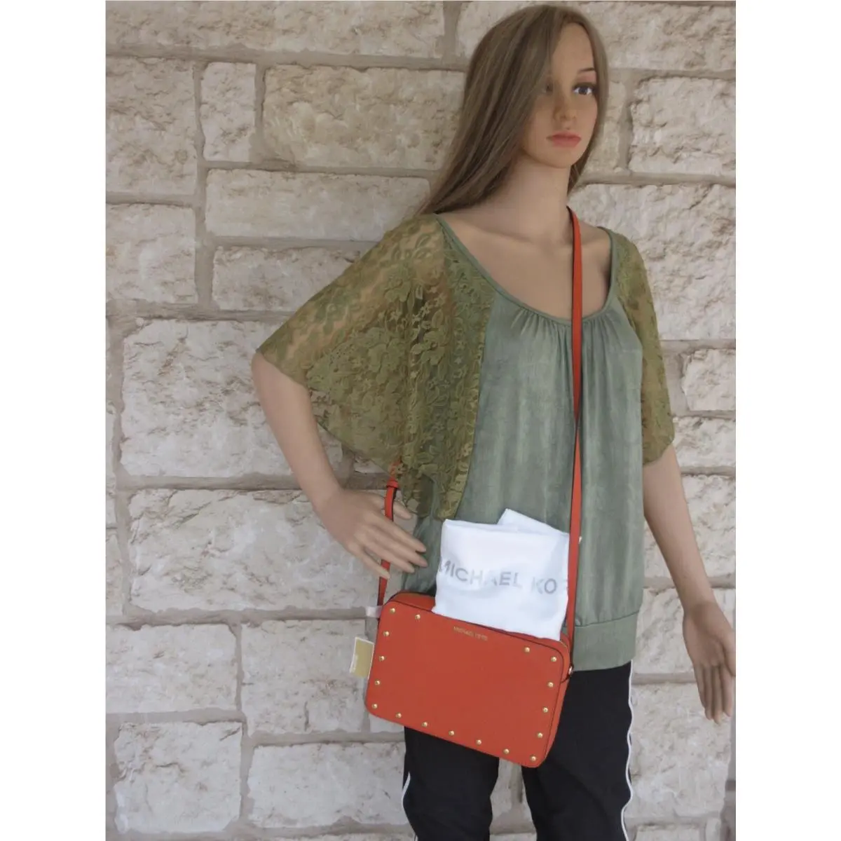 Michael Kors Crossbody Bag Large EW Sandrine Stud Orange Leather Dust Bag