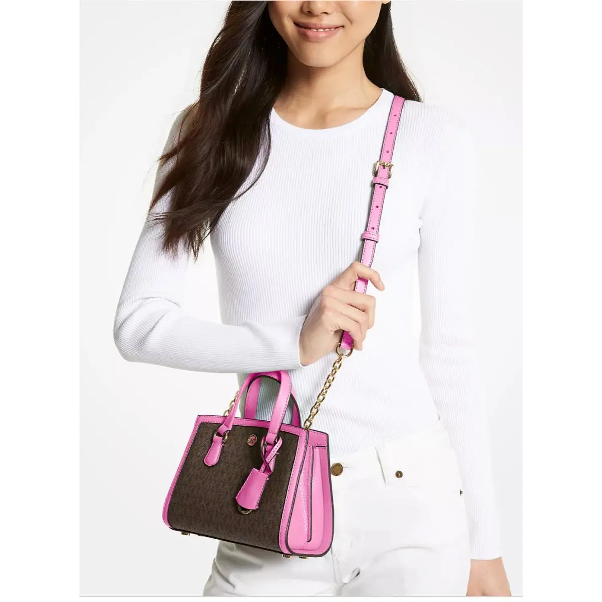 Michael Kors Xsmall Chantal Signature Logo Crossbody Bag Brown/pink Dust Bag