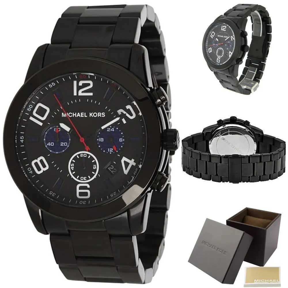 Michael Kors Mercer Black IP Tone Chronograph Blue Accent Bracelet WATCH-MK8291 - Dial: Black, Blue, White, Band: Black