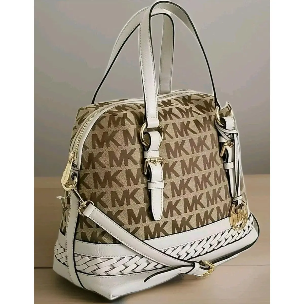 Michael Kors Gladstone Large MK Logo Beige Vanilla Top Zip Satchel Bag