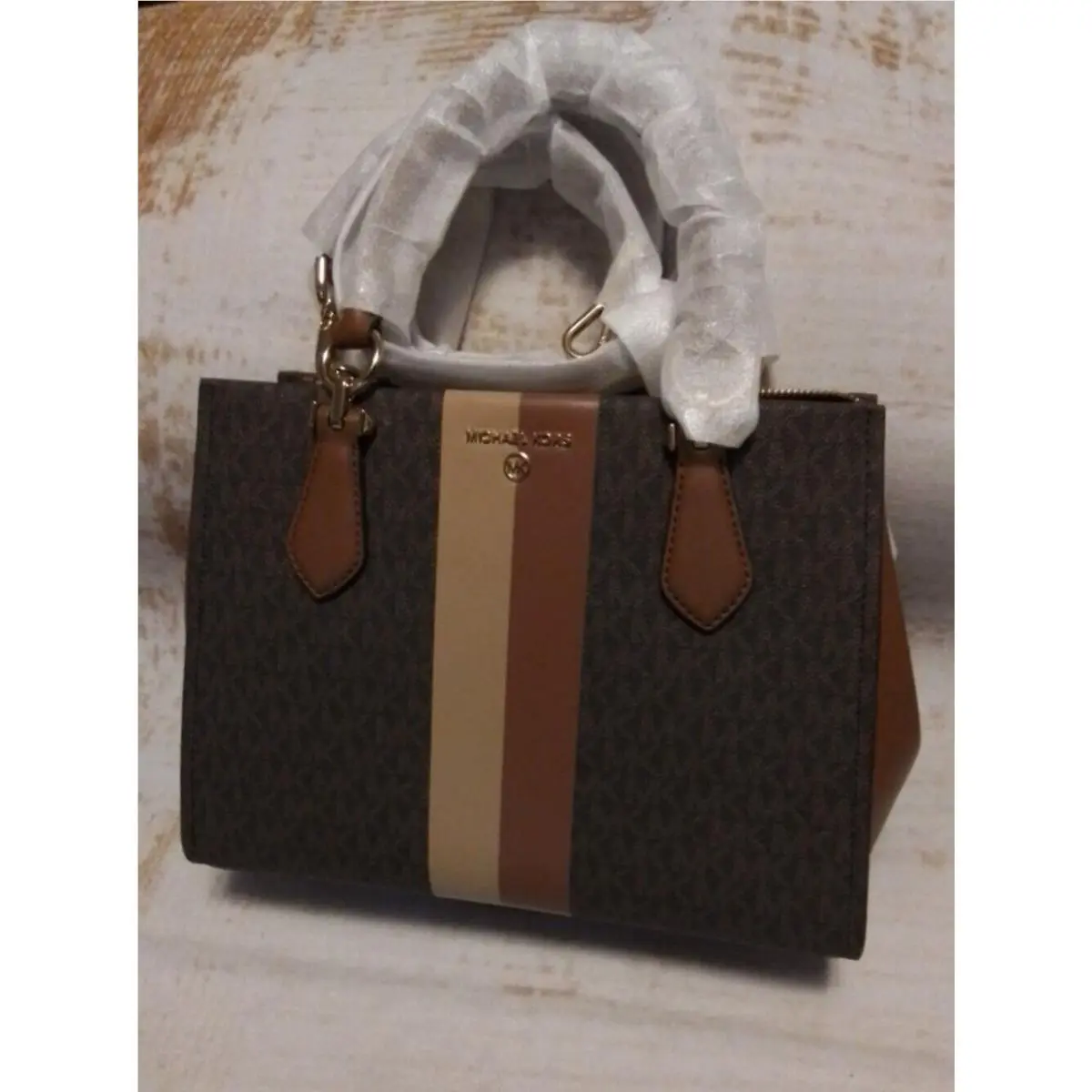 Michael Kors Marilyn Signature Medium Satchel Bag Semi Lux Brown Packed