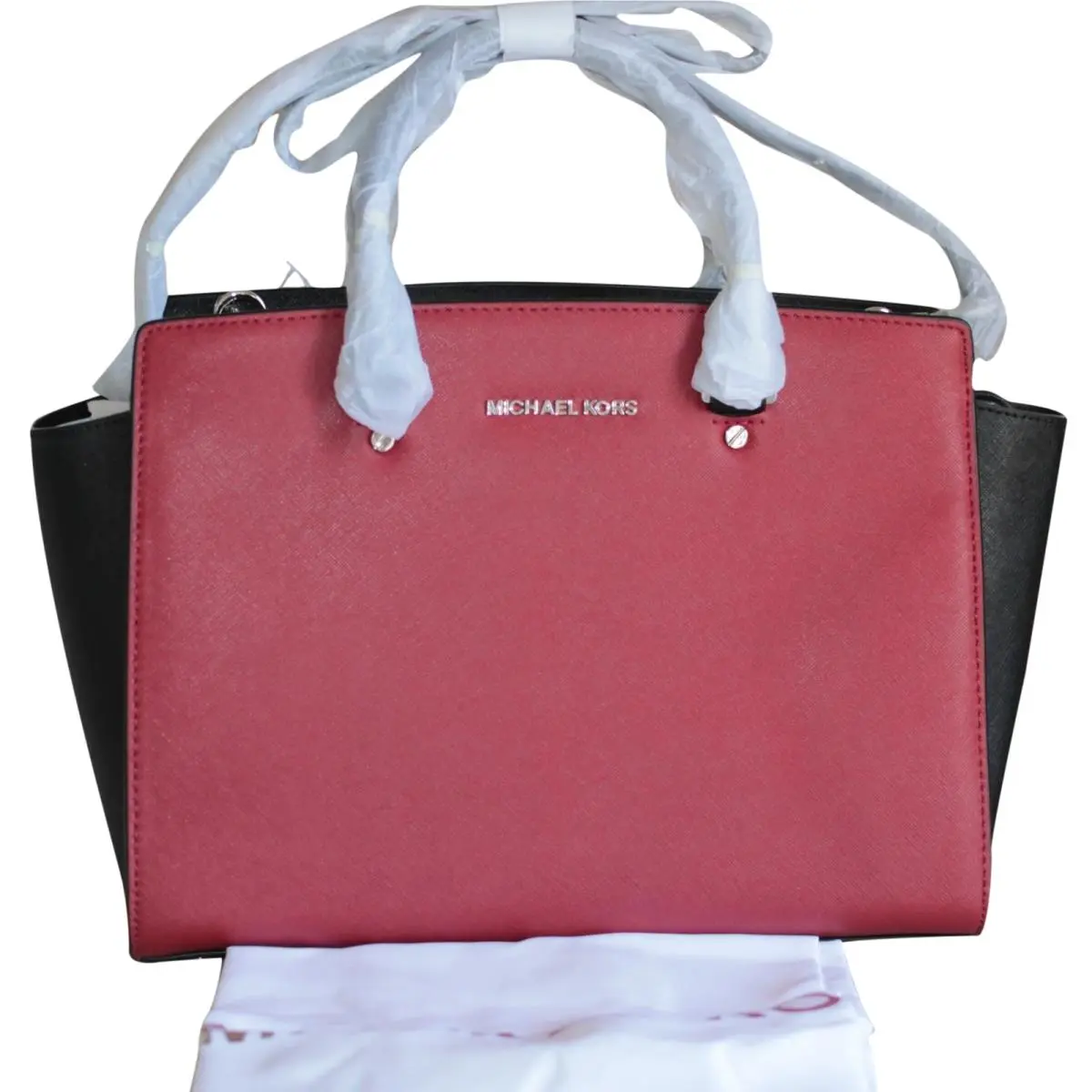 Kors Leather Selma Large Colorblock Satchel Red Black
