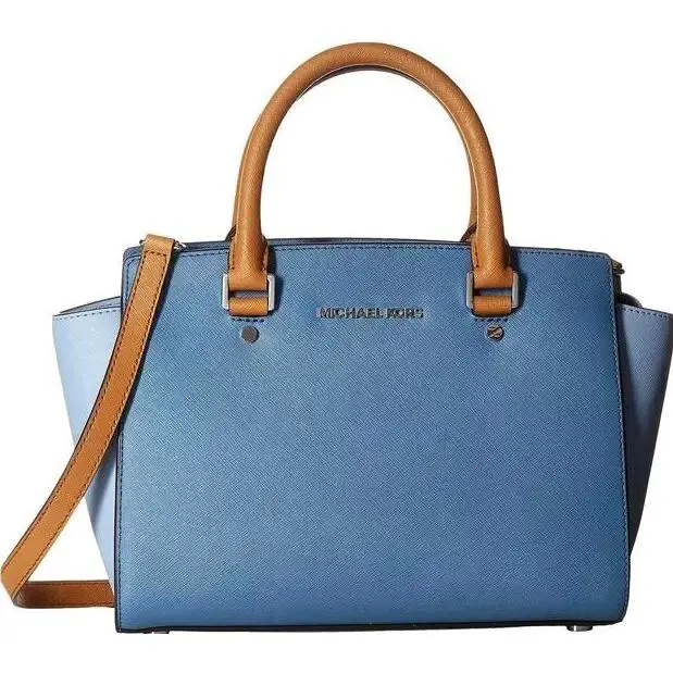 Michael Kors Selma Denum Pale Blue Acorn Brown Leather Crossbody Satchel