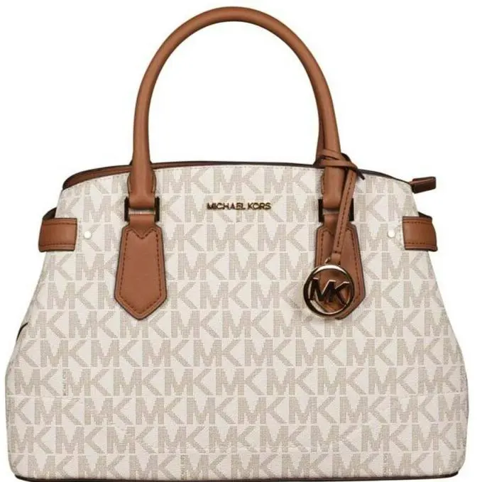 Michael Kors Lynn Vanilla Logo Brown Monogram Large Satchel Bag Crossbody