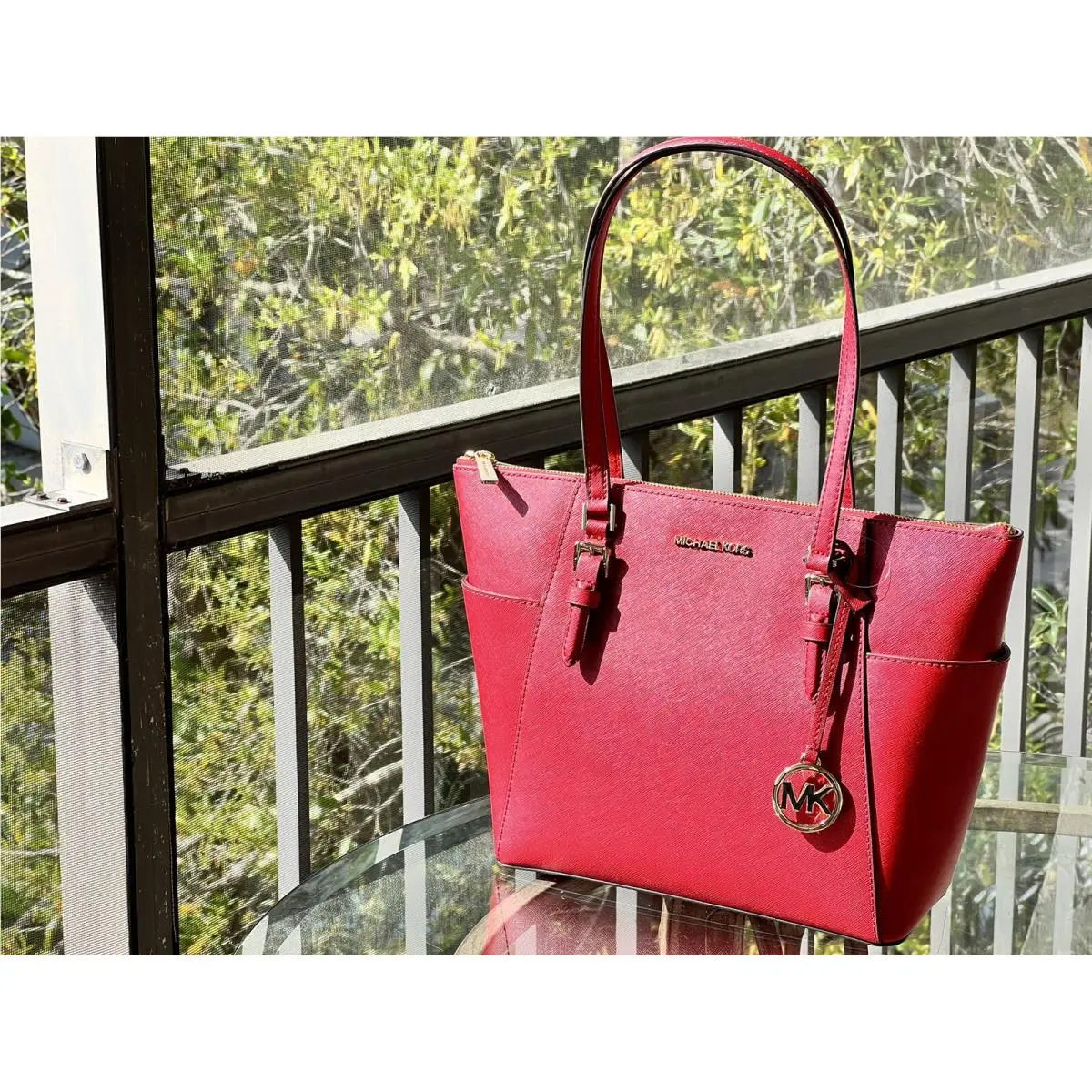 Charlotte Large Top Zip Shoulder Tote Chili Red Saffiano Leather by Michael Kors