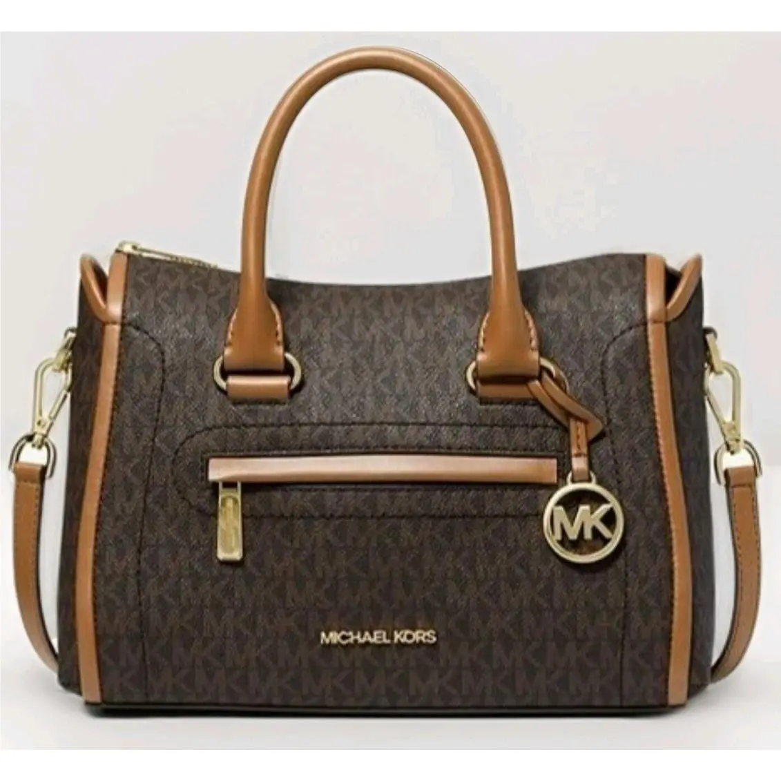 Michael Kors Carine Medium Brown Gold Logo Monogram Crossbody Satchel Bag