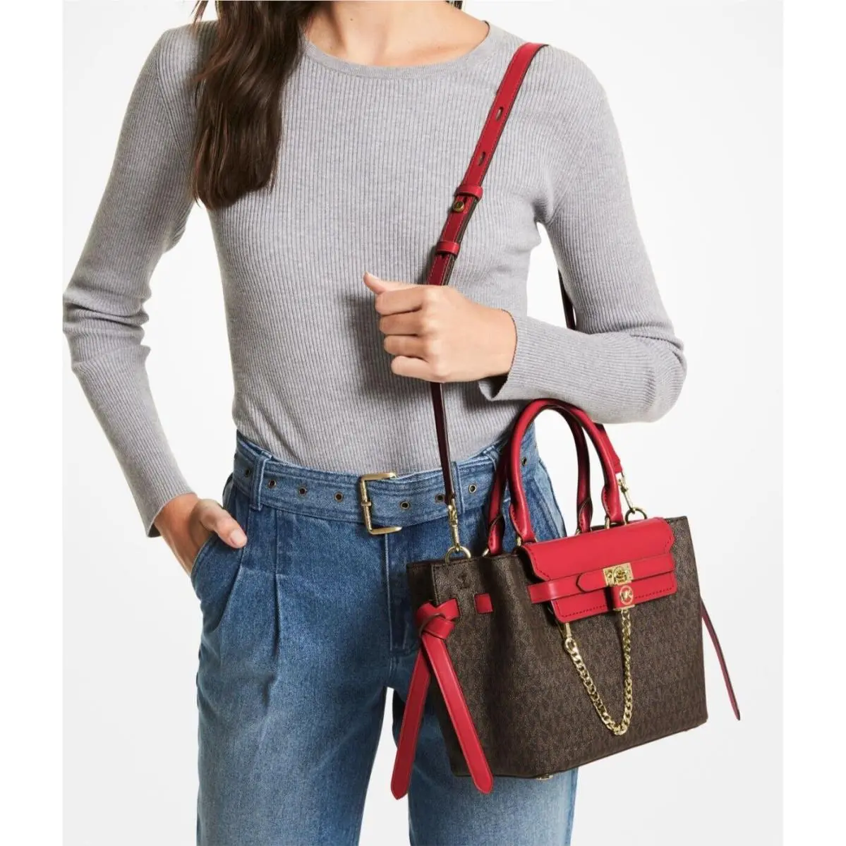 Michael Kors Hamilton Legacy SM Logo Belted Satchel Red/ Brown Logo Dust Bag