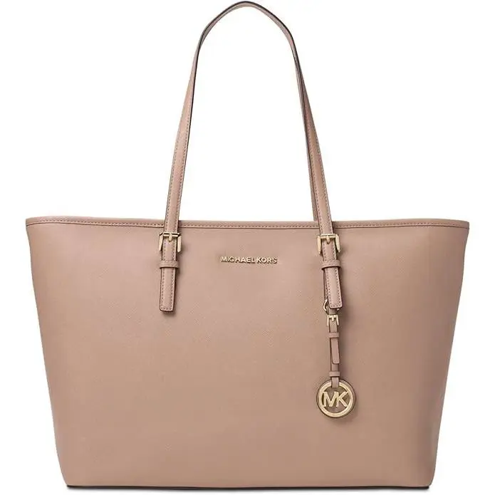 Michael Kord Jet Set Travel Saffiano Leather Top Zip Tote Bag Fawn N/s