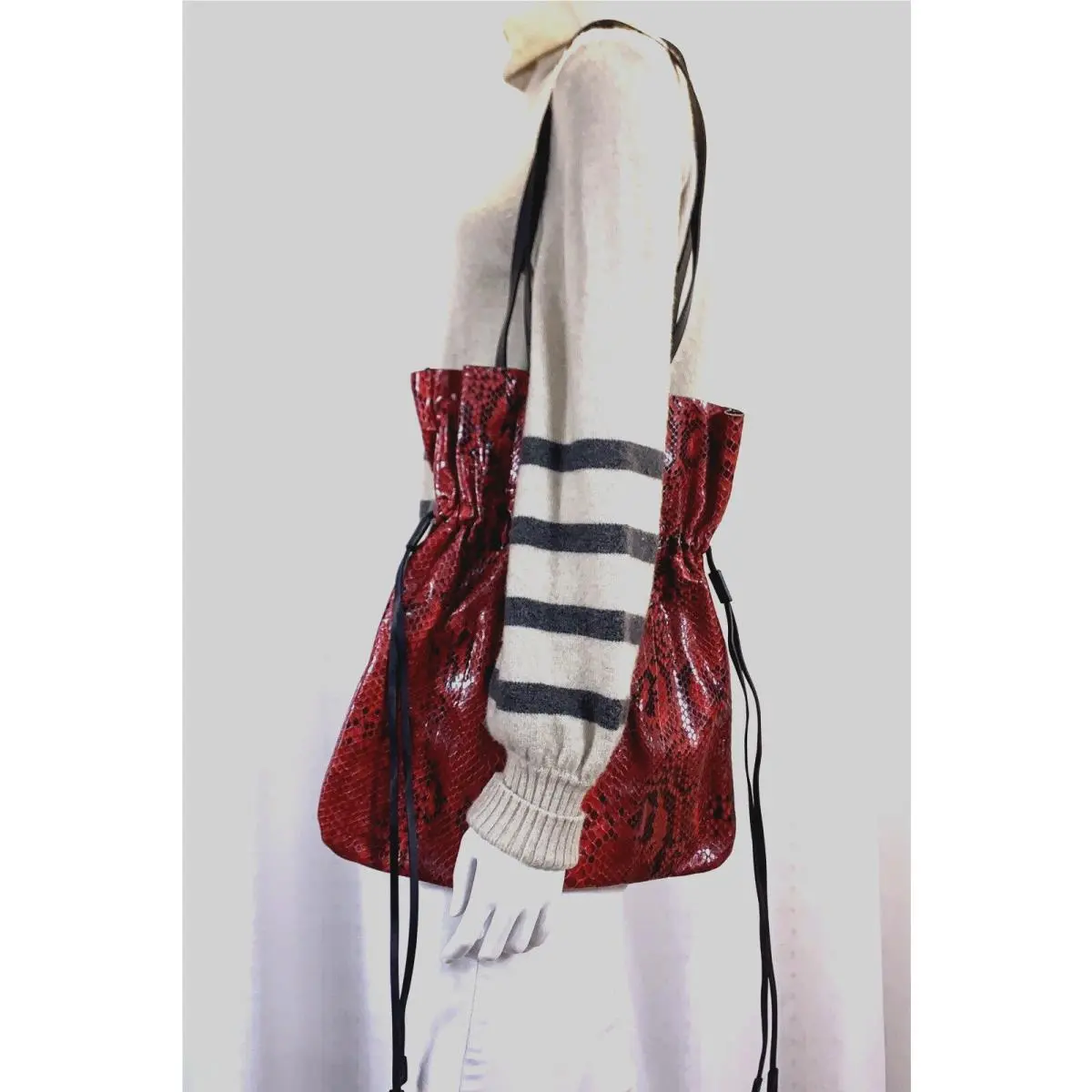 Michael Kors Collection Purse Python Leather Drawstring Bag Salina Crimson