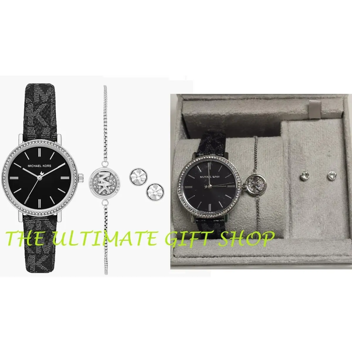 Michael Kors Silver Metallic Black Logo Pvc Crystals Watch Stud Earring Bracelet