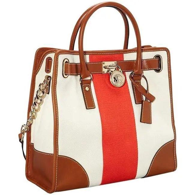 Michael Kors Hamilton Center Stripe Canvas Luggage Leather Large NS Tote