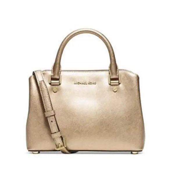 Michael Kors Small Savannah Gold Black Saffiano Leather Satchel Bag Tote - Handle/Strap: Gold, Hardware: Gold, Exterior: Pale Gold