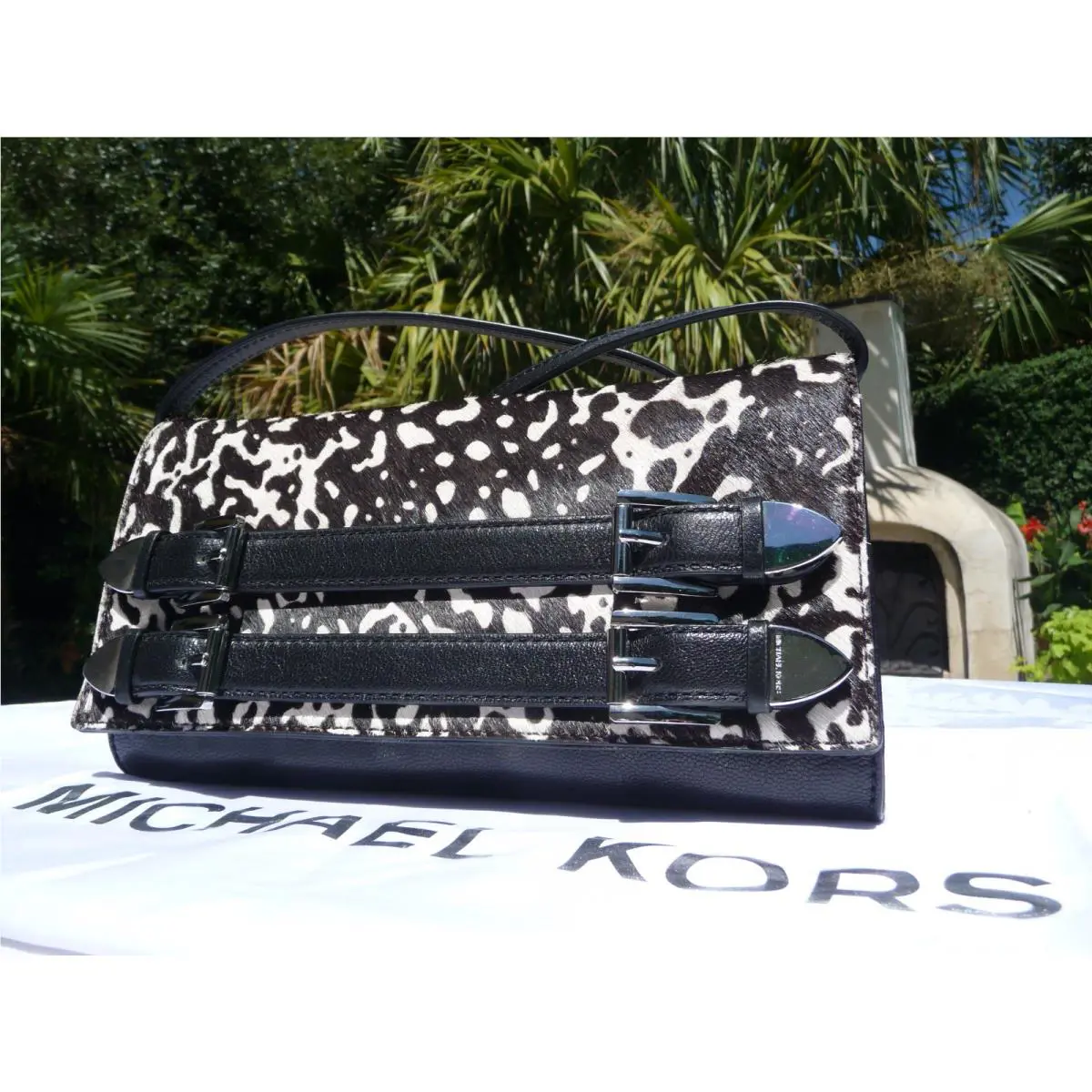 Kors Robin Black White Leather Calf Hair Convertible Clutch